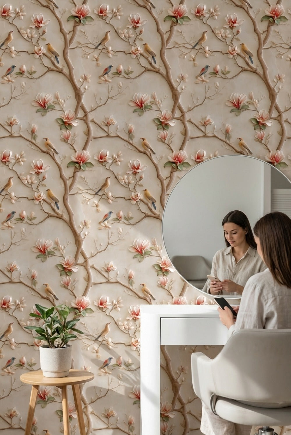 Cream Magnolia and Bird Branch Wallpaper