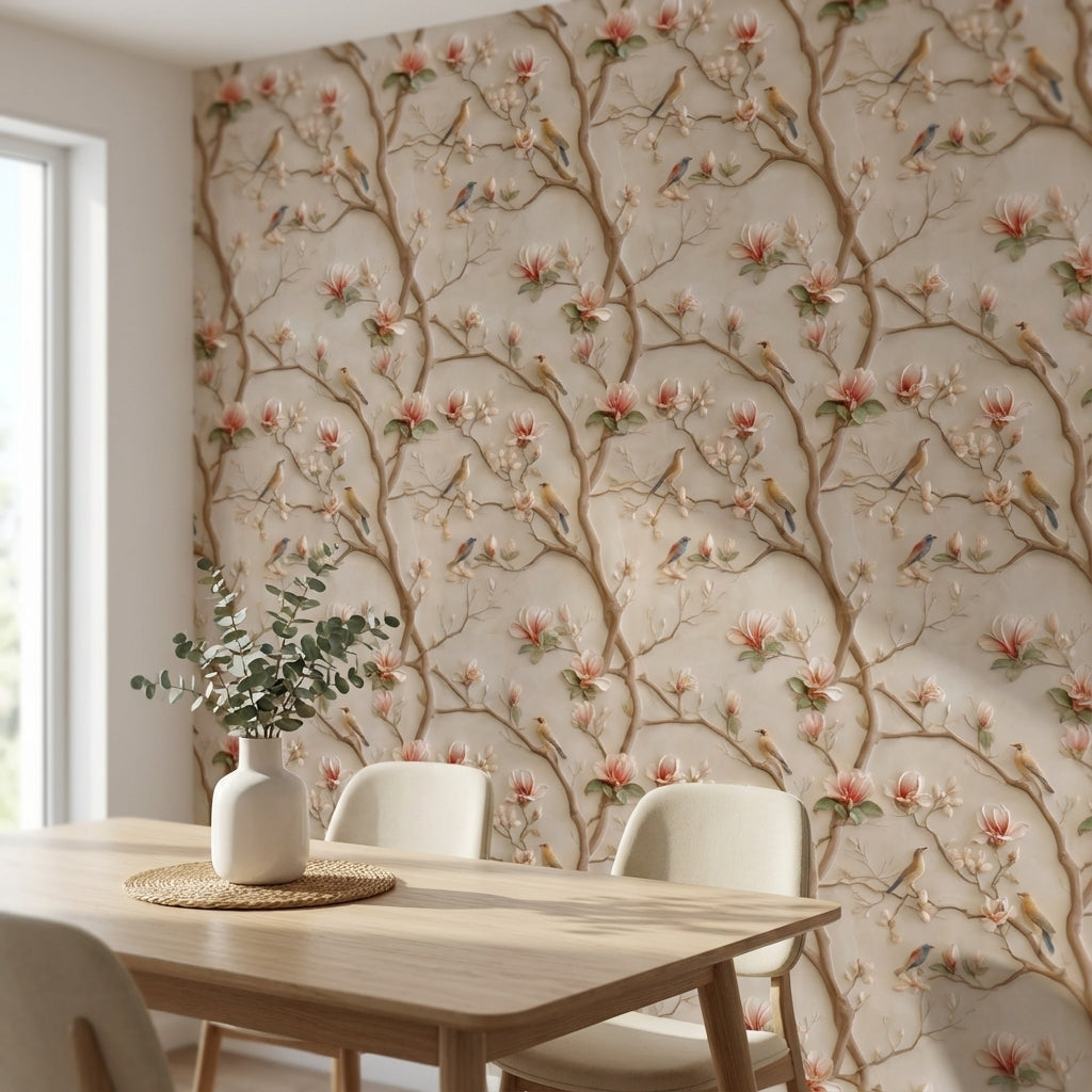 Cream Magnolia and Bird Branch Wallpaper