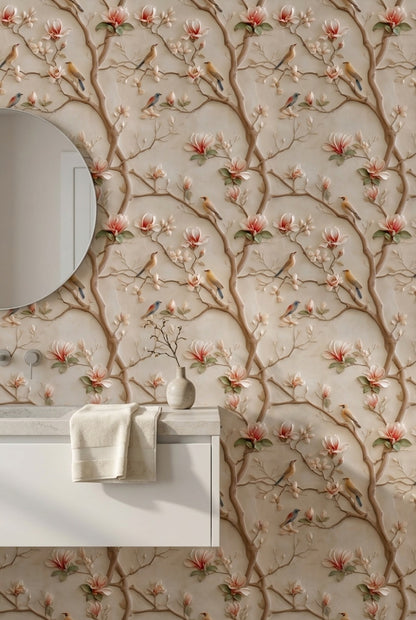 Cream Magnolia and Bird Branch Wallpaper