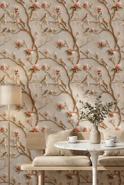 Cream Magnolia and Bird Branch Wallpaper