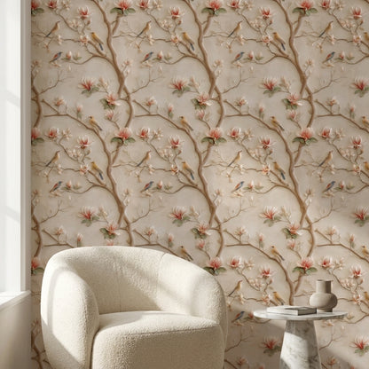 Cream Magnolia and Bird Branch Wallpaper