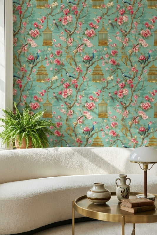 Teal Chinoiserie Bird and Cherry Blossom Wallpaper
