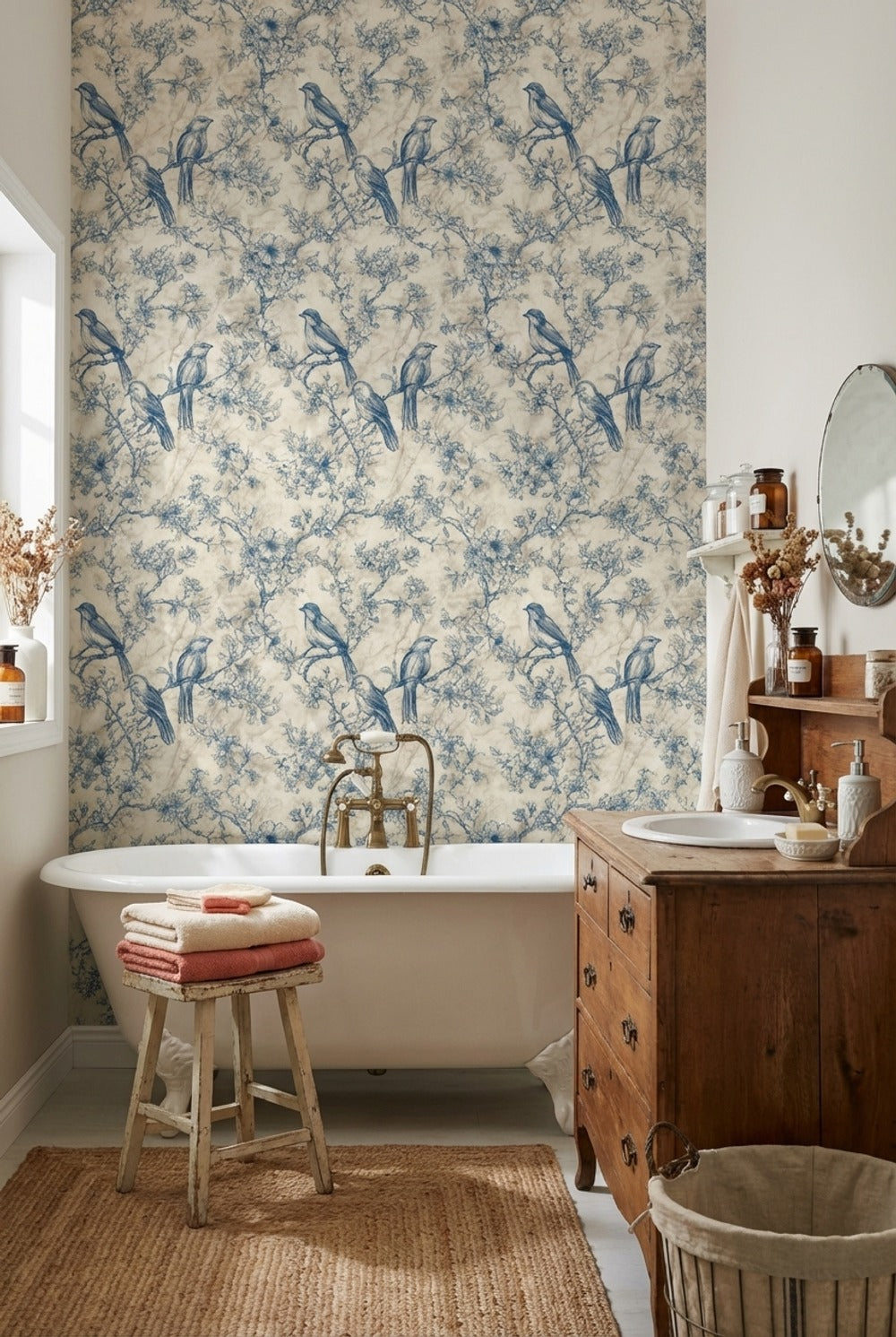 Beige and Blue Bird Floral Toile Wallpaper