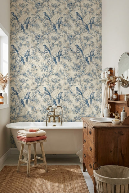 Beige and Blue Bird Floral Toile Wallpaper