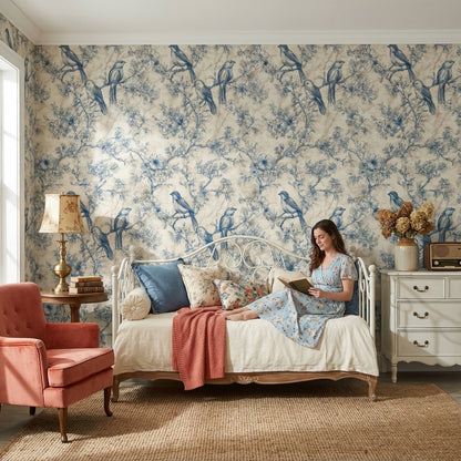 Beige and Blue Bird Floral Toile Wallpaper