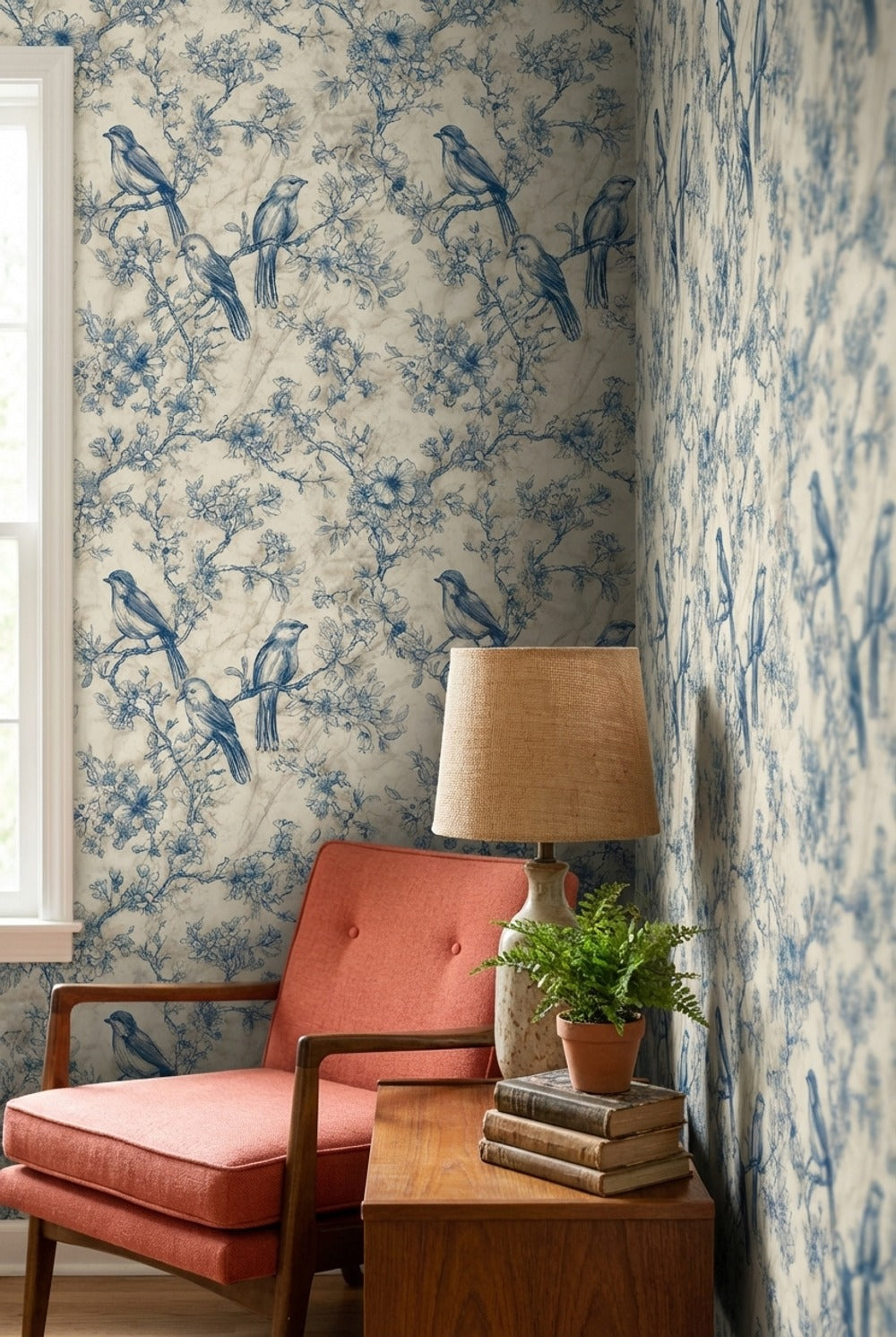Beige and Blue Bird Floral Toile Wallpaper