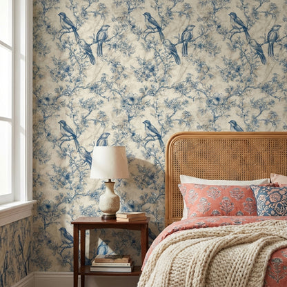 Beige and Blue Bird Floral Toile Wallpaper
