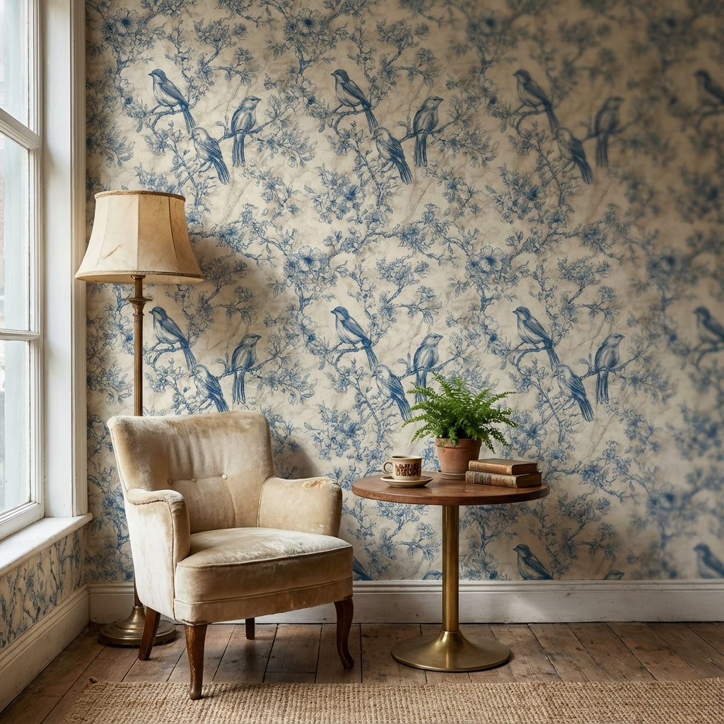 Beige and Blue Bird Floral Toile Wallpaper