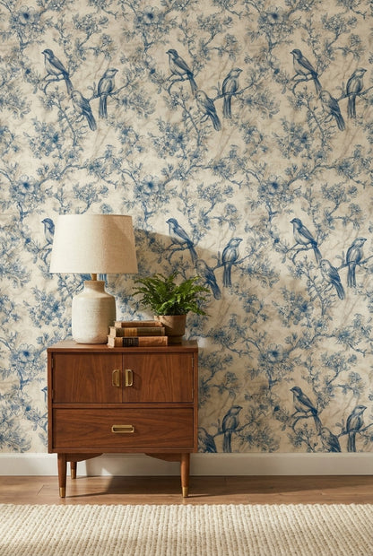 Beige and Blue Bird Floral Toile Wallpaper