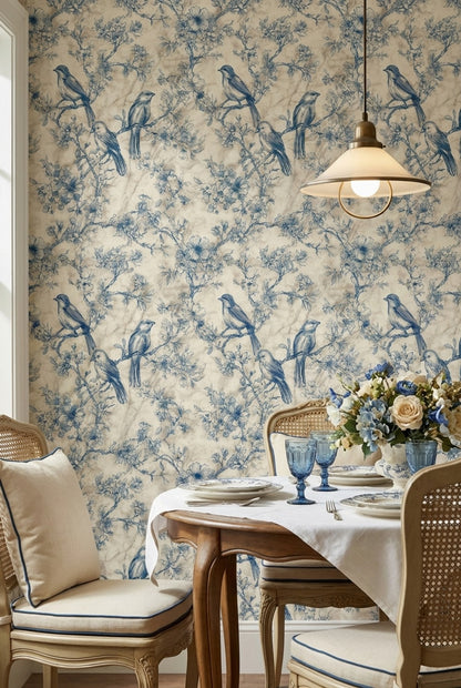 Beige and Blue Bird Floral Toile Wallpaper