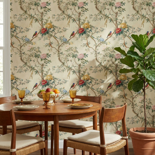 Cream Vintage Rose Garden and Bird Wallpaper