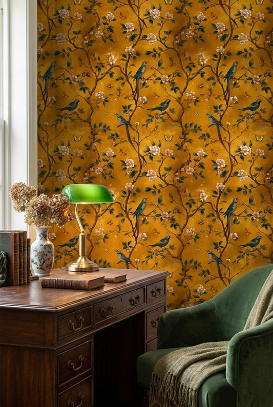 Golden Yellow Chinoiserie Bird and Blossom Wallpaper