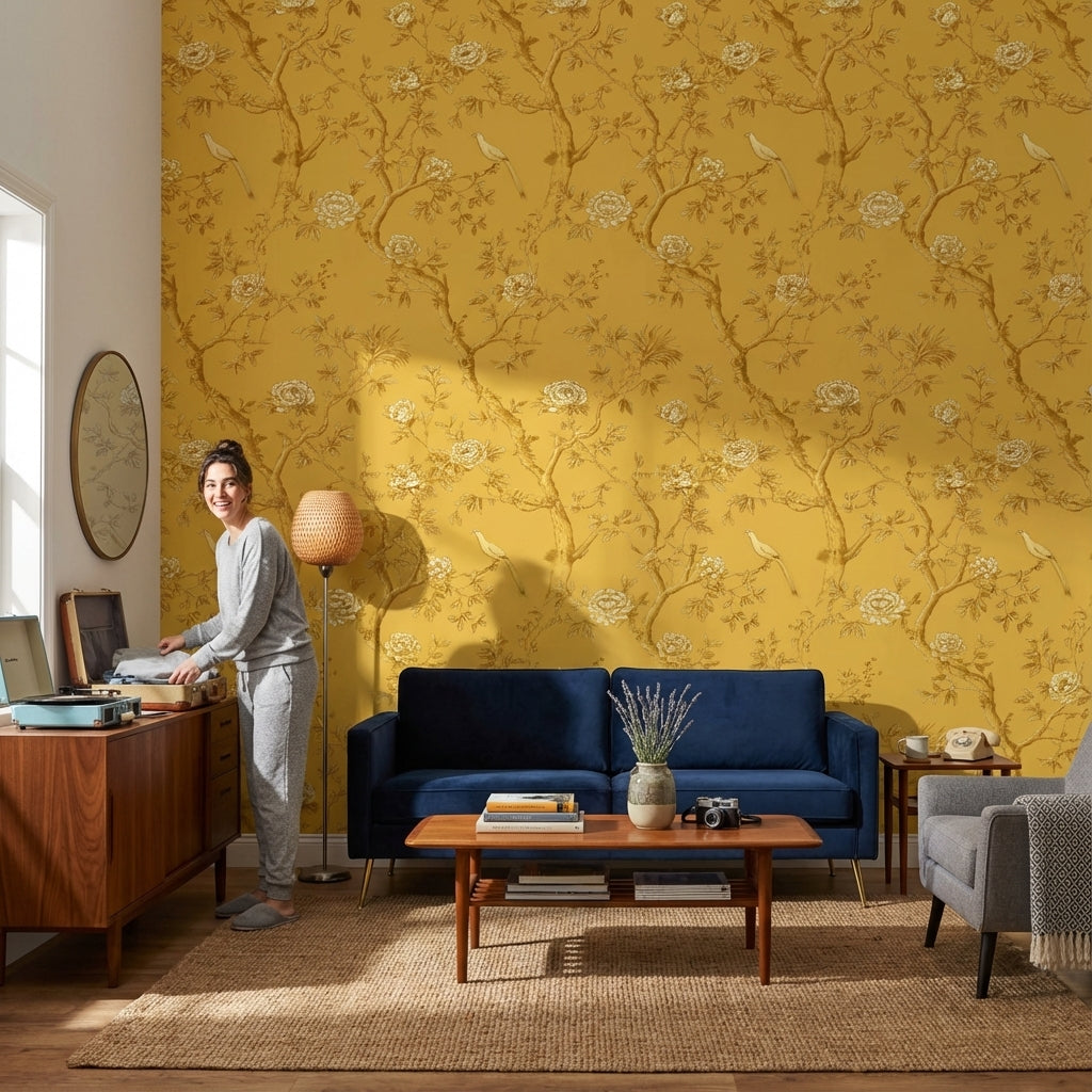 Golden Look Yellow Chinoiserie Rose and Bird Wallpaper