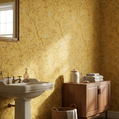 Golden Look Yellow Chinoiserie Rose and Bird Wallpaper
