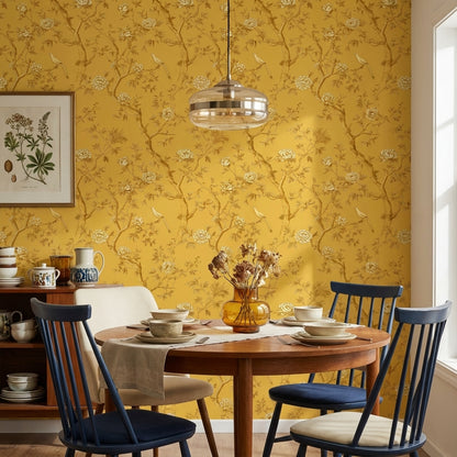 Golden Look Yellow Chinoiserie Rose and Bird Wallpaper