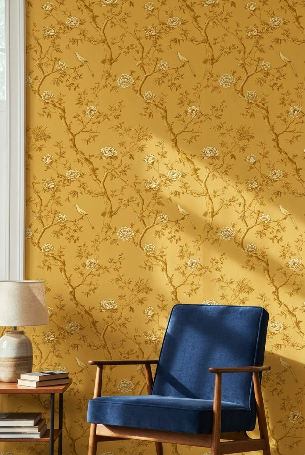 Golden Look Yellow Chinoiserie Rose and Bird Wallpaper