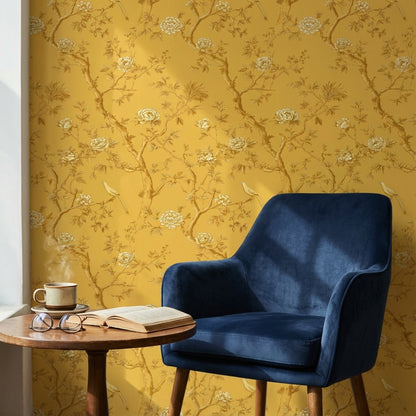 Golden Look Yellow Chinoiserie Rose and Bird Wallpaper