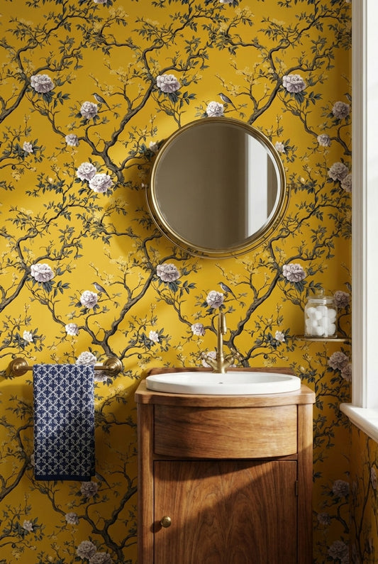 Golden Yellow Chinoiserie Floral and Bird Wallpaper