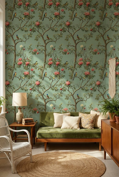 Sage Green Chinoiserie Birds and Roses Wallpaper