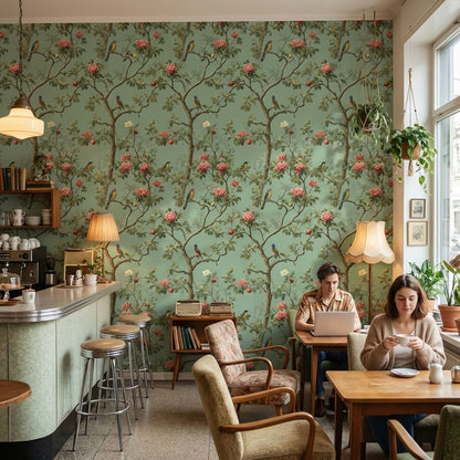 Sage Green Chinoiserie Birds and Roses Wallpaper