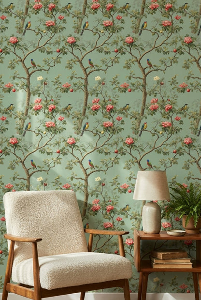 Sage Green Chinoiserie Birds and Roses Wallpaper