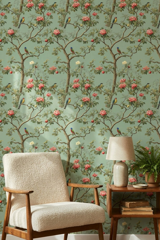 Sage Green Chinoiserie Birds and Roses Wallpaper