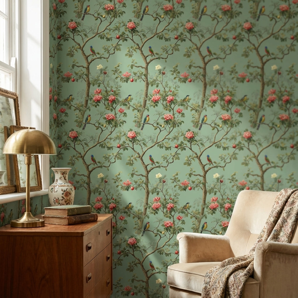 Sage Green Chinoiserie Birds and Roses Wallpaper