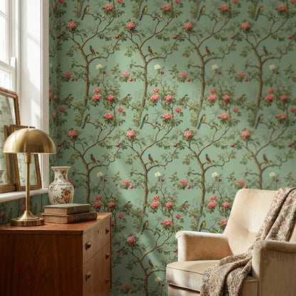 Sage Green Chinoiserie Birds and Roses Wallpaper