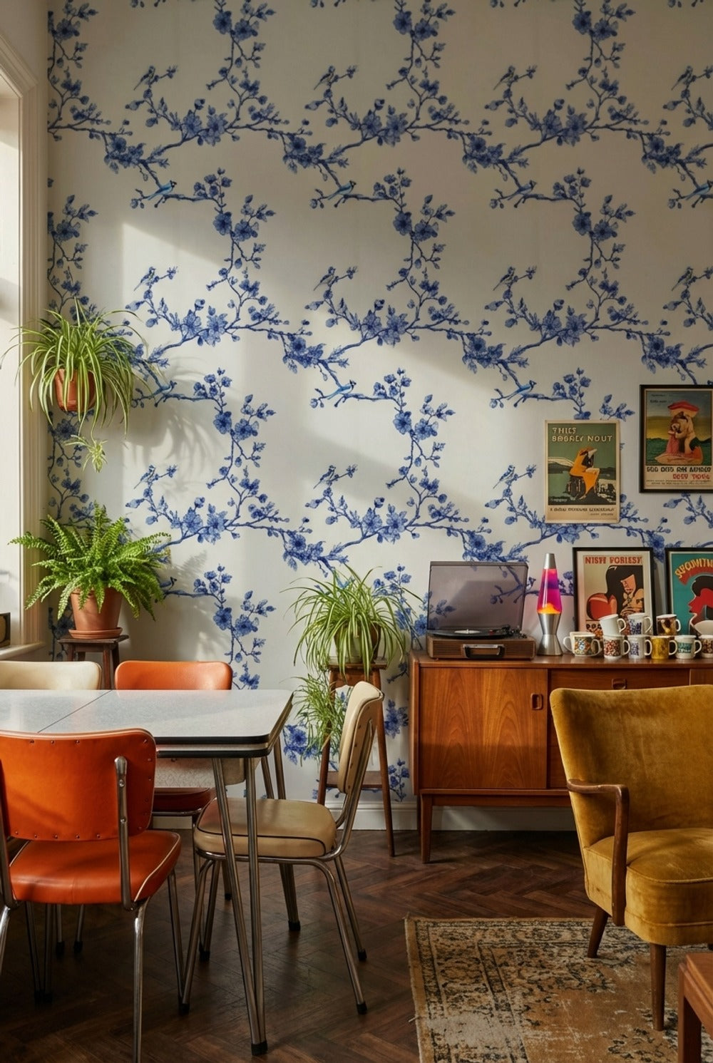 Cobalt Blue Cherry Blossom Bird Wallpaper