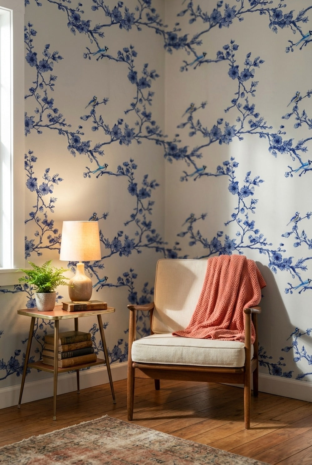 Cobalt Blue Cherry Blossom Bird Wallpaper