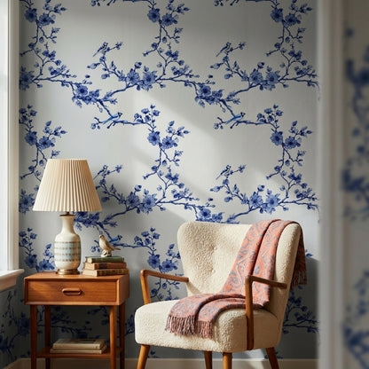 Cobalt Blue Cherry Blossom Bird Wallpaper