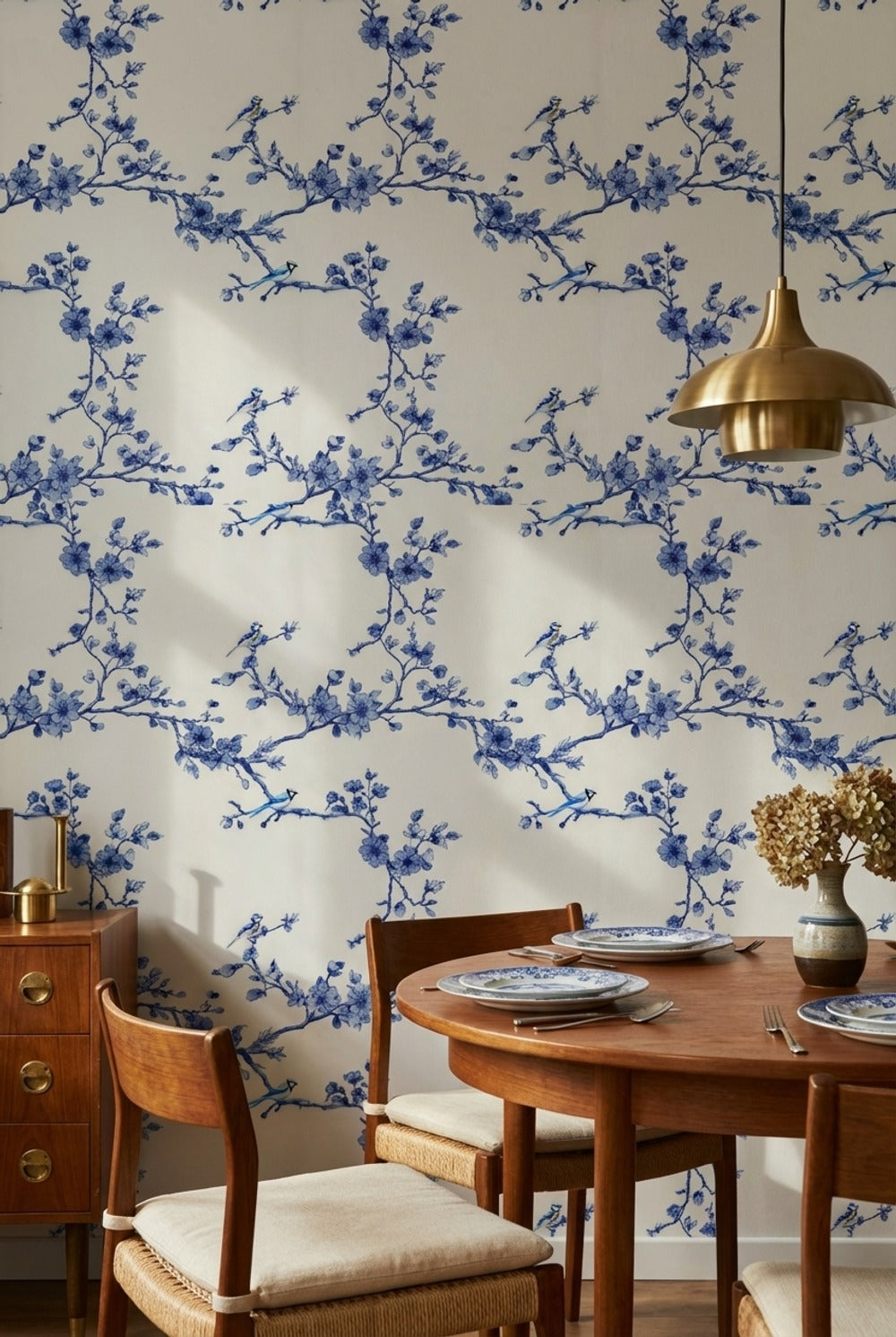 Cobalt Blue Cherry Blossom Bird Wallpaper