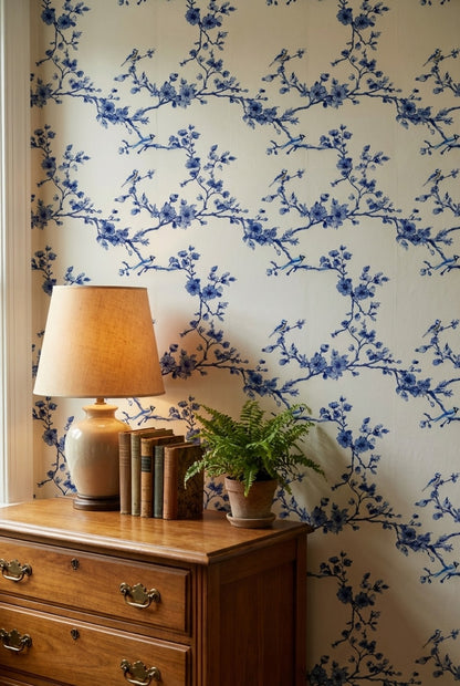 Cobalt Blue Cherry Blossom Bird Wallpaper