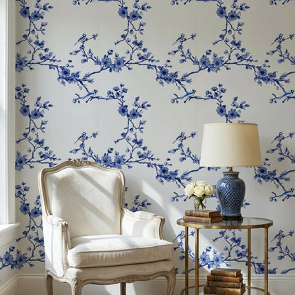 Cobalt Blue Cherry Blossom Bird Wallpaper