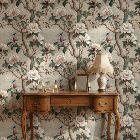Cream Chinoiserie Magnolia and Birds Wallpaper