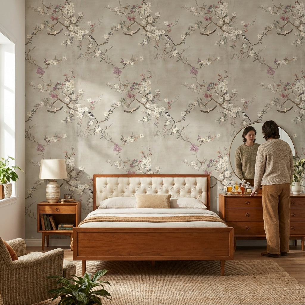 Neutral Beige Cherry Blossom and Birds Wallpaper