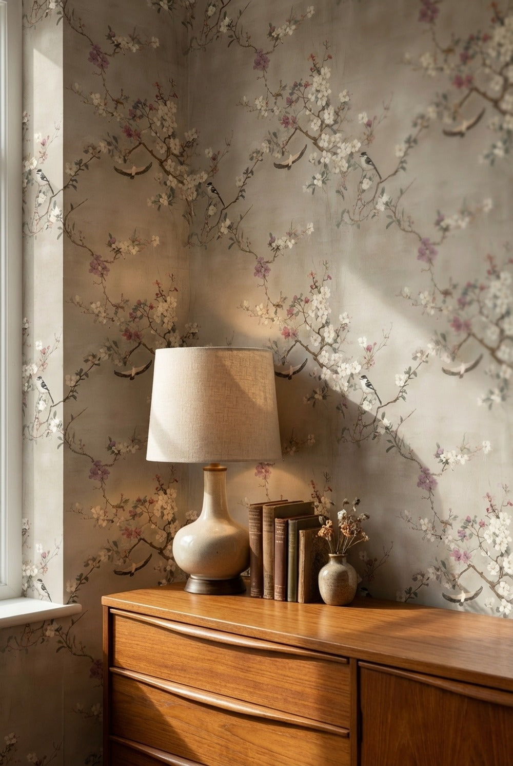 Neutral Beige Cherry Blossom and Birds Wallpaper