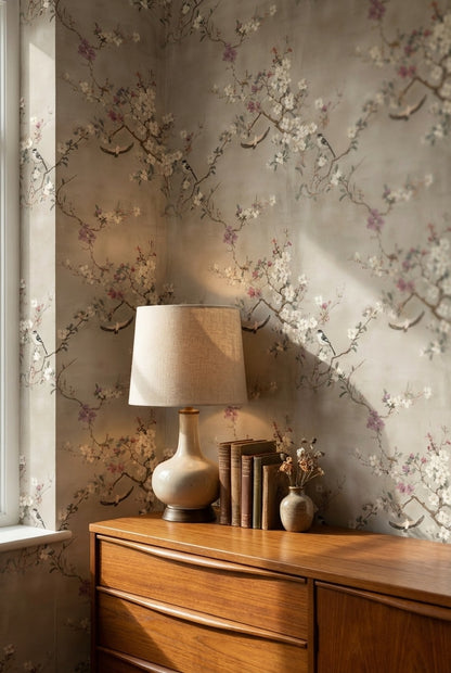 Neutral Beige Cherry Blossom and Birds Wallpaper