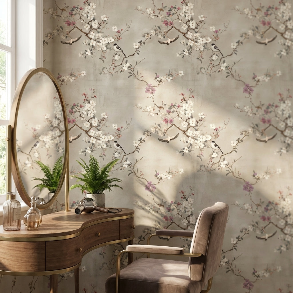 Neutral Beige Cherry Blossom and Birds Wallpaper