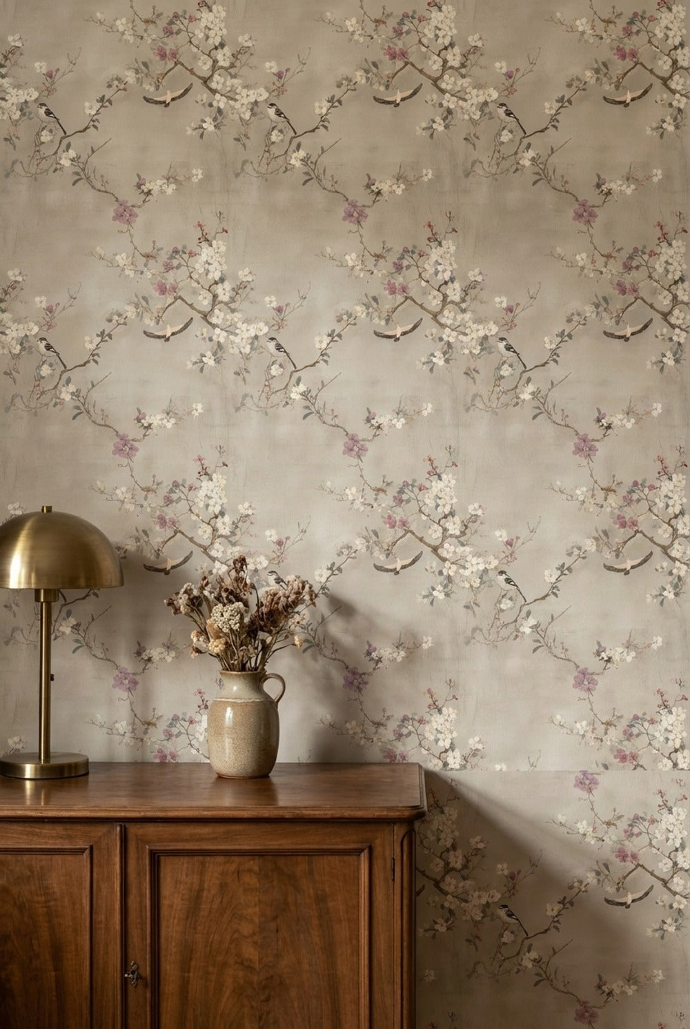 Neutral Beige Cherry Blossom and Birds Wallpaper