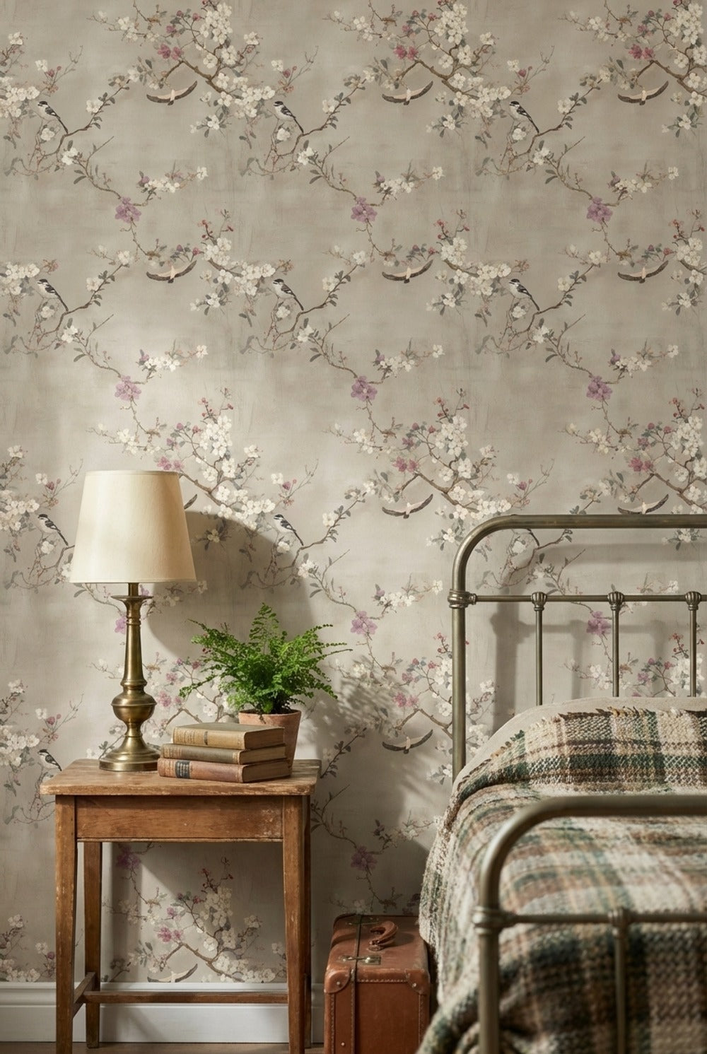 Neutral Beige Cherry Blossom and Birds Wallpaper