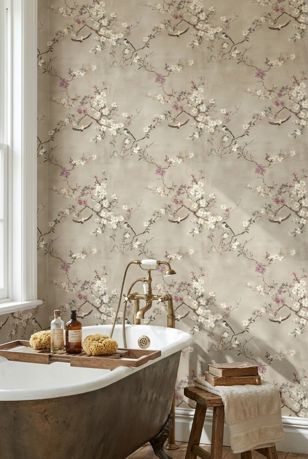Neutral Beige Cherry Blossom and Birds Wallpaper