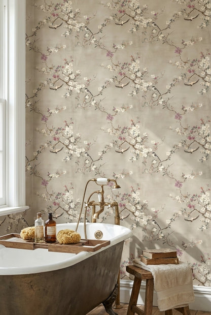 Neutral Beige Cherry Blossom and Birds Wallpaper