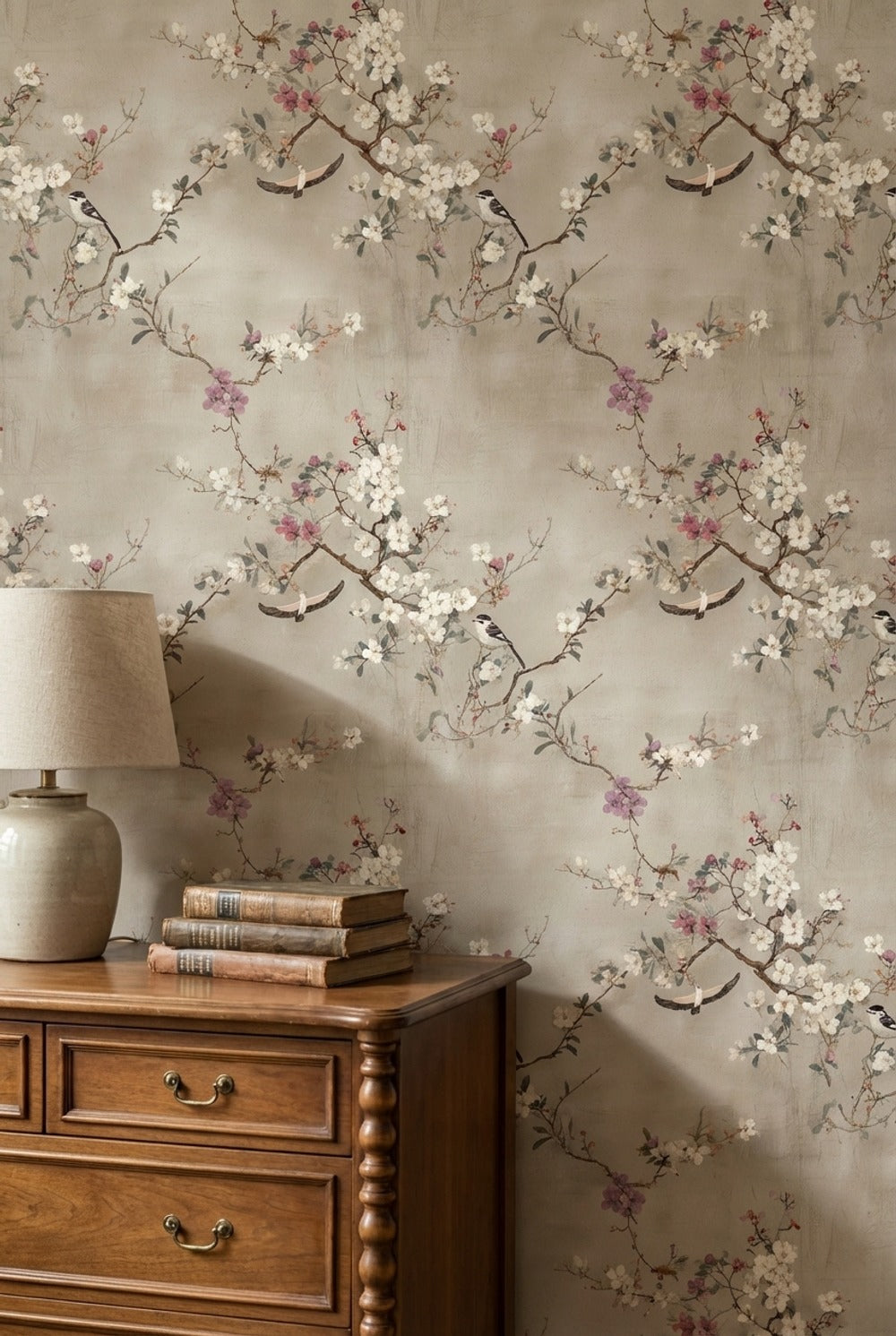 Neutral Beige Cherry Blossom and Birds Wallpaper