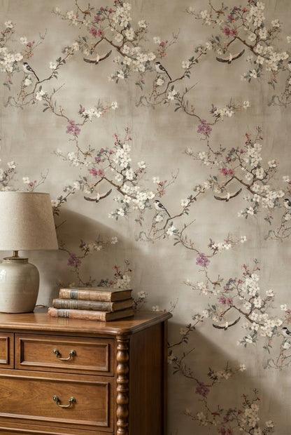 Neutral Beige Cherry Blossom and Birds Wallpaper