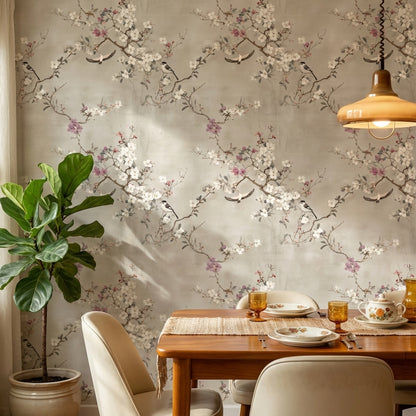 Neutral Beige Cherry Blossom and Birds Wallpaper