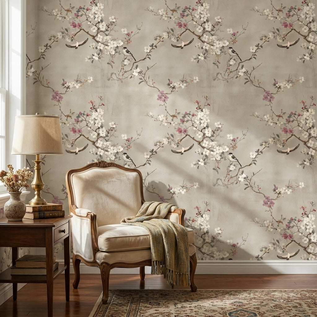 Neutral Beige Cherry Blossom and Birds Wallpaper