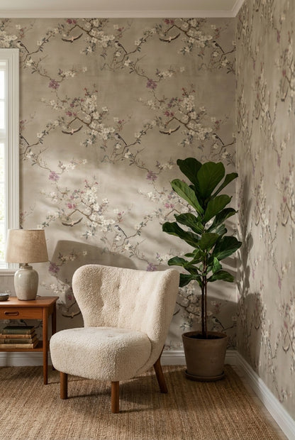 Neutral Beige Cherry Blossom and Birds Wallpaper