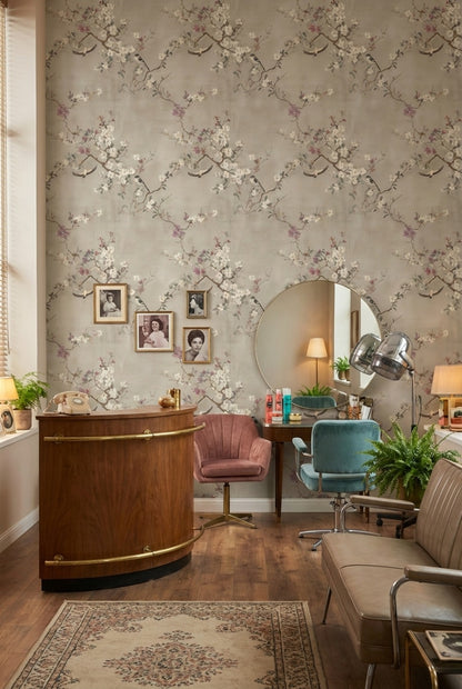 Neutral Beige Cherry Blossom and Birds Wallpaper