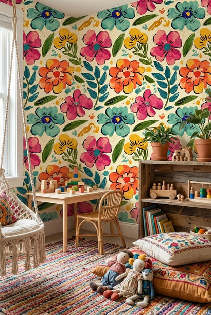 Vibrant Multicolor Large Floral Pattern Wallpaper